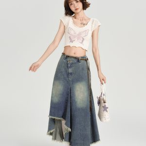 High-Waisted Slim Fit Vintage Denim Skirt for Women - Irregular Hem, Summer Style, Retro Fashion
