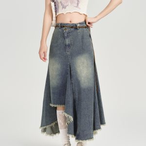 High-Waisted Slim Fit Vintage Denim Skirt for Women - Irregular Hem, Summer Style, Retro Fashion