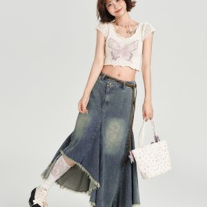 High-Waisted Slim Fit Vintage Denim Skirt for Women - Irregular Hem, Summer Style, Retro Fashion