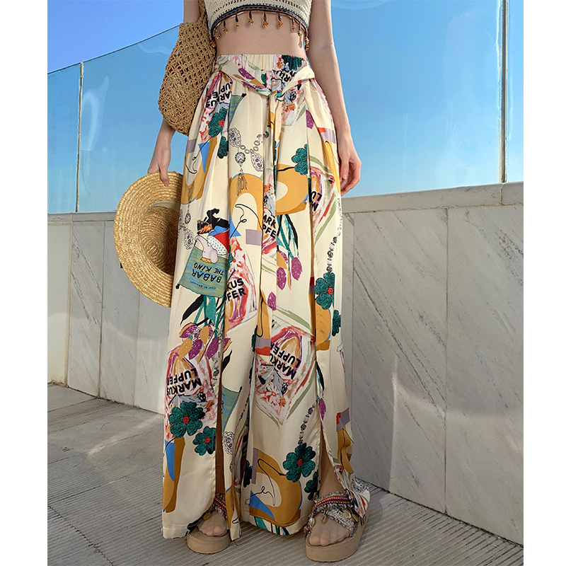 High-Waisted Split Wide-Leg Beach Pants for Women - Lightweight Sun-Protective Chiffon Vacation Trousers, Loose Draped Style