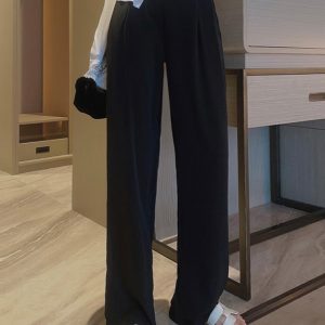 High-Waisted Straight-Leg Anti-Wrinkle Floor-Length Pants with Loose Fit and Pockets for Women - Casual Spring Summer 2025 Style