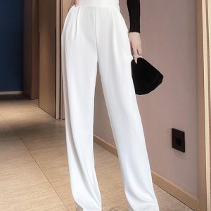 High-Waisted Straight-Leg Anti-Wrinkle Floor-Length Pants with Loose Fit and Pockets for Women - Casual Spring Summer 2025 Style