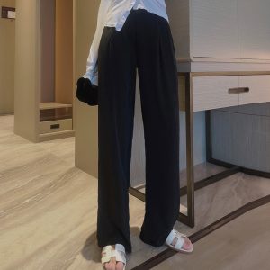 High-Waisted Straight-Leg Anti-Wrinkle Floor-Length Pants with Loose Fit and Pockets for Women - Casual Spring Summer 2025 Style