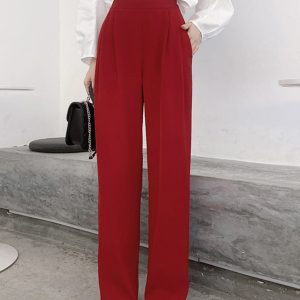 High-Waisted Straight-Leg Anti-Wrinkle Floor-Length Pants with Loose Fit and Pockets for Women - Casual Spring Summer 2025 Style