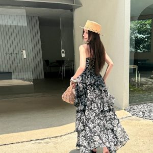 High-Waisted Strapless Summer Dress in Light Chiffon - Printed Long Skirt for Vacation, Trendy High-End Fashion