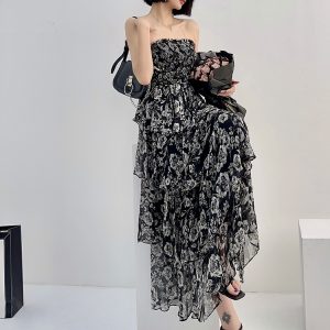 High-Waisted Strapless Summer Dress in Light Chiffon - Printed Long Skirt for Vacation, Trendy High-End Fashion