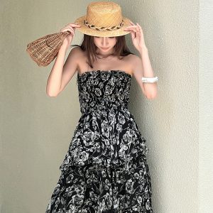 High-Waisted Strapless Summer Dress in Light Chiffon - Printed Long Skirt for Vacation, Trendy High-End Fashion