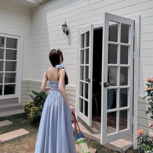 High-Waisted Striped Summer Dress with Spaghetti Straps - Casual Fairy-Like Slim Fit Long Dress in Light Fabric Fashion
