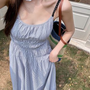 High-Waisted Striped Summer Dress with Spaghetti Straps - Casual Fairy-Like Slim Fit Long Dress in Light Fabric Fashion