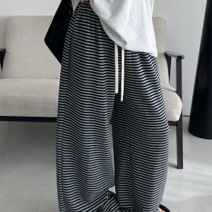 High-Waisted Striped Wide-Leg Casual Pants with Sun Grapefruit Print - Trendy Spring Summer Style for Women