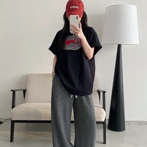 High-Waisted Striped Wide-Leg Casual Pants with Sun Grapefruit Print - Trendy Spring Summer Style for Women