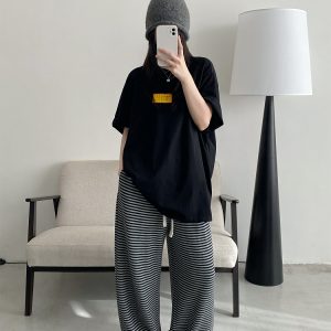 High-Waisted Striped Wide-Leg Casual Pants with Sun Grapefruit Print - Trendy Spring Summer Style for Women