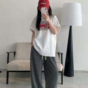 High-Waisted Striped Wide-Leg Casual Pants with Sun Grapefruit Print - Trendy Spring Summer Style for Women