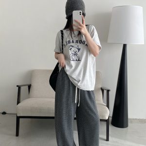 High-Waisted Striped Wide-Leg Casual Pants with Sun Grapefruit Print - Trendy Spring Summer Style for Women