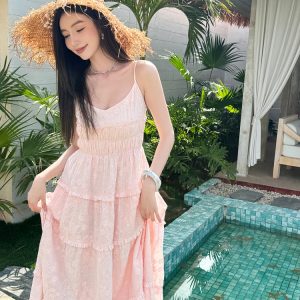 High-Waisted V-Neck Camisole Dress in Light Cotton with Heavy Embroidery and Flowy Skirt for Summer Vacation - Trendy and Chic