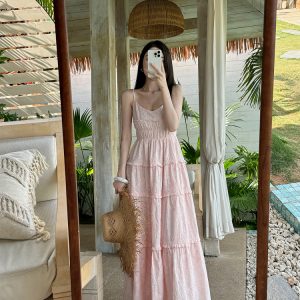 High-Waisted V-Neck Camisole Dress in Light Cotton with Heavy Embroidery and Flowy Skirt for Summer Vacation - Trendy and Chic