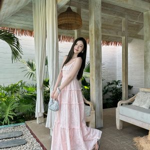 High-Waisted V-Neck Camisole Dress in Light Cotton with Heavy Embroidery and Flowy Skirt for Summer Vacation - Trendy and Chic