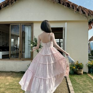 High-Waisted V-Neck Camisole Dress in Light Cotton with Heavy Embroidery and Flowy Skirt for Summer Vacation - Trendy and Chic