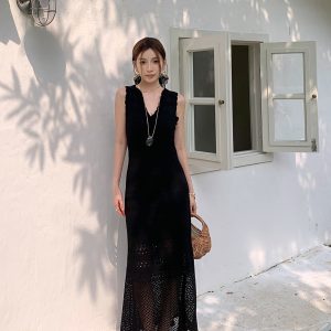 High-Waisted V-Neck Tencel Knit Hollow Dress - Slim Fit Long Skirt for Women, Perfect for Spring and Summer Style
