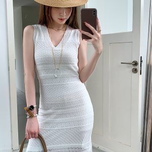 High-Waisted V-Neck Tencel Knit Hollow Dress - Slim Fit Long Skirt for Women, Perfect for Spring and Summer Style