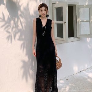 High-Waisted V-Neck Tencel Knit Hollow Dress - Slim Fit Long Skirt for Women, Perfect for Spring and Summer Style
