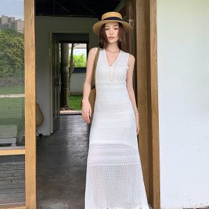 High-Waisted V-Neck Tencel Knit Hollow Dress - Slim Fit Long Skirt for Women, Perfect for Spring and Summer Style