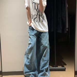 High-Waisted Vintage Distressed Denim Pants for Women, 2025 Trendy Slim Straight Wide-Leg Trousers, Casual Retro Style