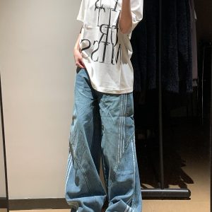 High-Waisted Vintage Distressed Denim Pants for Women, 2025 Trendy Slim Straight Wide-Leg Trousers, Casual Retro Style