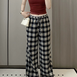 High-Waisted Vintage Plaid Casual Pants with Drawstring - American Style Slim-Fit Wide-Leg Design