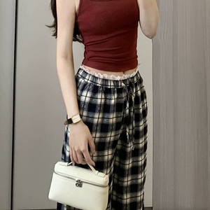 High-Waisted Vintage Plaid Casual Pants with Drawstring - American Style Slim-Fit Wide-Leg Design