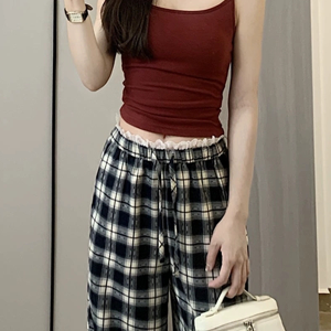High-Waisted Vintage Plaid Casual Pants with Drawstring - American Style Slim-Fit Wide-Leg Design