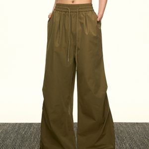 High-Waisted Vintage Pleated Cargo Pants for Women - Summer Loose Straight Wide-Leg Trousers, American-Style Floor-Length Fashion