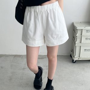 High-Waisted White Casual Shorts for Women - Minimalist Loose Elastic Waist, Slimming Sun Grapefruit Style, Versatile Summer Fashion