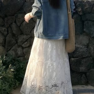 High-Waisted White Lace Tulle Half-Length Skirt for Women, Slimming A-Line Design, Summer 2025 Fashion, Perfect for Effortless Style