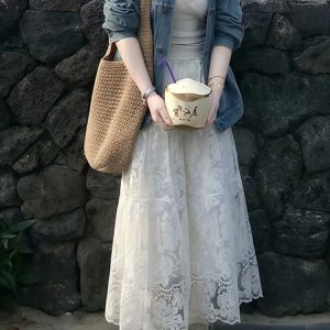 High-Waisted White Lace Tulle Half-Length Skirt for Women, Slimming A-Line Design, Summer 2025 Fashion, Perfect for Effortless Style