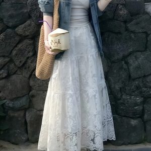 High-Waisted White Lace Tulle Half-Length Skirt for Women, Slimming A-Line Design, Summer 2025 Fashion, Perfect for Effortless Style