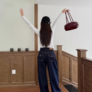 High-Waisted Wide-Leg Jeans for Women - Light Fabric, Deep Blue, Retro American Style, Casual Spring Fashion