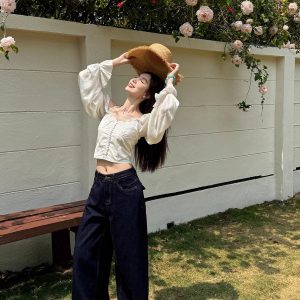 High-Waisted Wide-Leg Jeans for Women - Light Fabric, Deep Blue, Retro American Style, Casual Spring Fashion