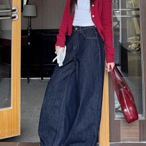 High-Waisted Wide-Leg Jeans for Women - Light Fabric, Deep Blue, Retro American Style, Casual Spring Fashion
