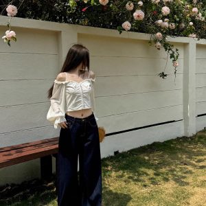 High-Waisted Wide-Leg Jeans for Women - Light Fabric, Deep Blue, Retro American Style, Casual Spring Fashion