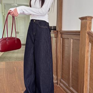 High-Waisted Wide-Leg Jeans for Women - Light Fabric, Deep Blue, Retro American Style, Casual Spring Fashion