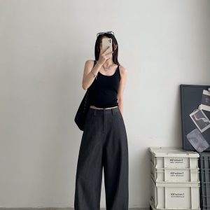 High-Waisted Wide-Leg Pants Suit for Women - Stylish Loose Casual Fit, Heavy-Duty Sun Grapefruit Color, Trendy Everyday Wear