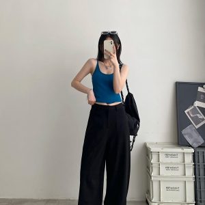 High-Waisted Wide-Leg Pants Suit for Women - Stylish Loose Casual Fit, Heavy-Duty Sun Grapefruit Color, Trendy Everyday Wear