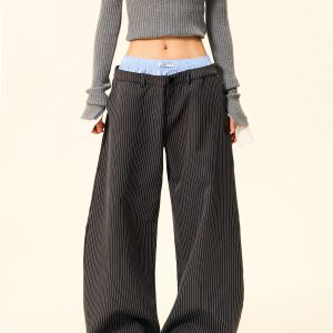 High-Waisted Wide-Leg Trousers for Women - American Vintage Vertical Striped Casual Pants, Loose Slim Fit, 90s Inspired Fashion