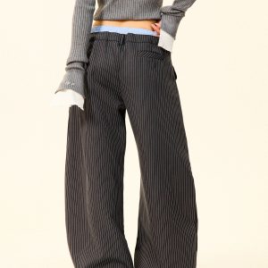 High-Waisted Wide-Leg Trousers for Women - American Vintage Vertical Striped Casual Pants, Loose Slim Fit, 90s Inspired Fashion