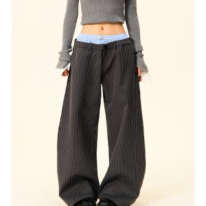 High-Waisted Wide-Leg Trousers for Women - American Vintage Vertical Striped Casual Pants, Loose Slim Fit, 90s Inspired Fashion