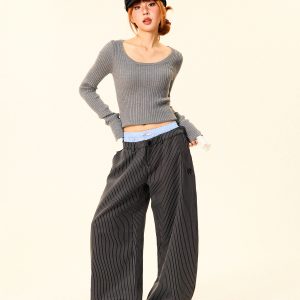 High-Waisted Wide-Leg Trousers for Women - American Vintage Vertical Striped Casual Pants, Loose Slim Fit, 90s Inspired Fashion