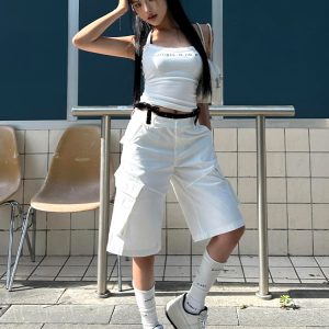 High-Waisted Women's Cargo Shorts - American Style Streetwear, Loose Casual Five-Point Summer Pants, Trendy White Straight-Leg Design