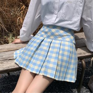 High-Waisted Yellow Plaid Pleated Skirt for Women - Slimming Checkered A-Line Half Skirt in JK Style for Petite Fashion