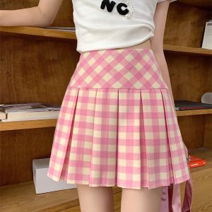 High-Waisted Yellow Plaid Pleated Skirt for Women - Slimming Checkered A-Line Half Skirt in JK Style for Petite Fashion